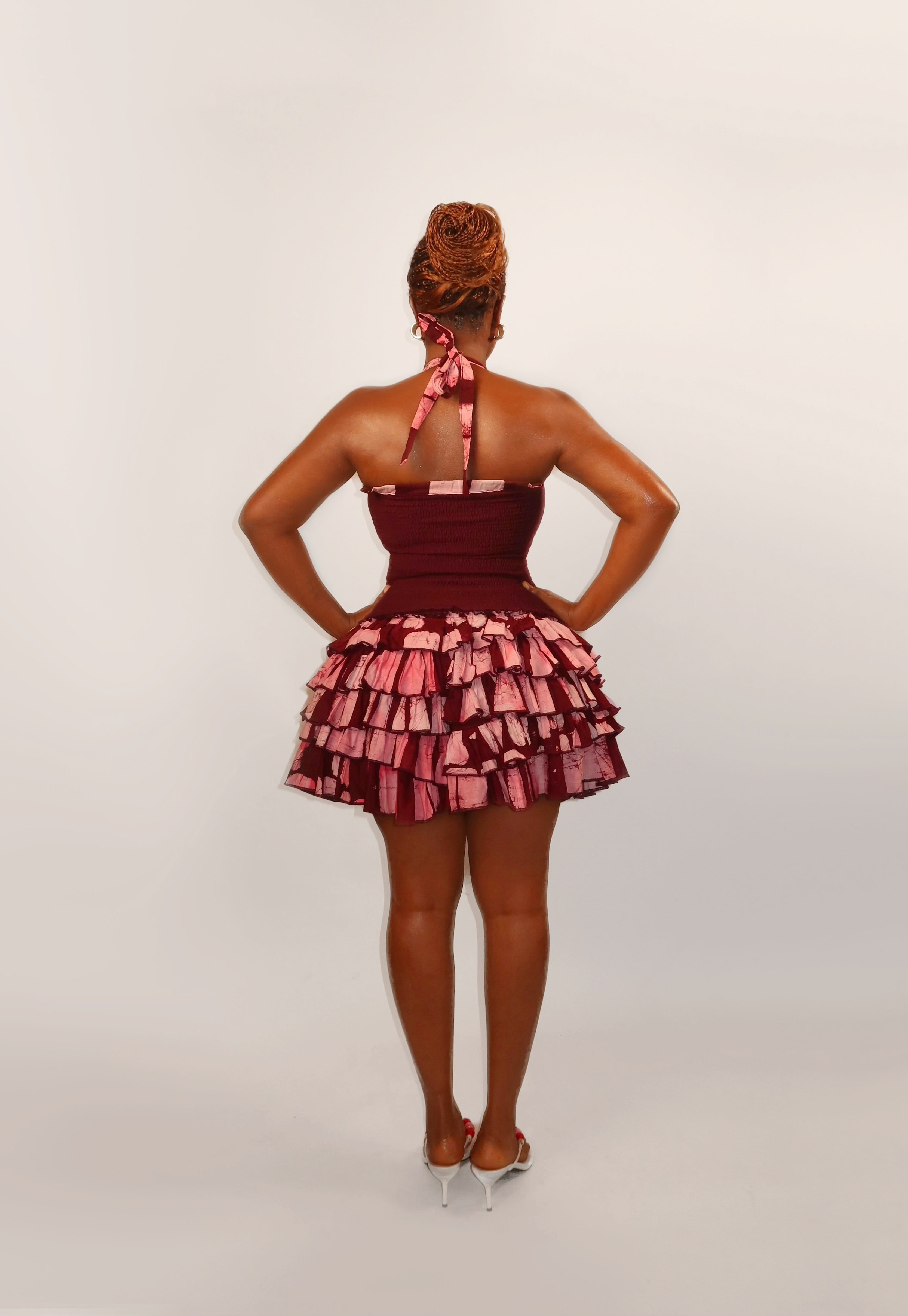 Babs Wine & Pink Adire Top & Ruffle Shorts Set {Pre-Launch Price}